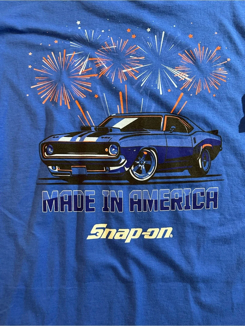 Snap-on Classic Car Graphic T-Shirt in Bright Blue with Fireworks